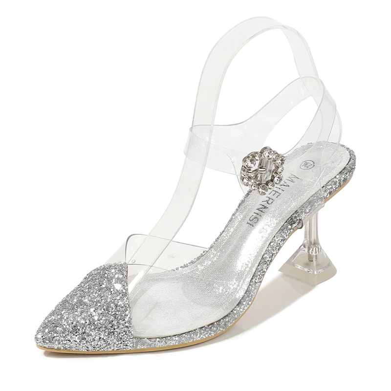 

Gold Sliver Woman Sandals Concise PVC Transparent Pointed Toe Shoes Ankle Buckle Strap Crystal High Heels Clear Shoes MS-A0087