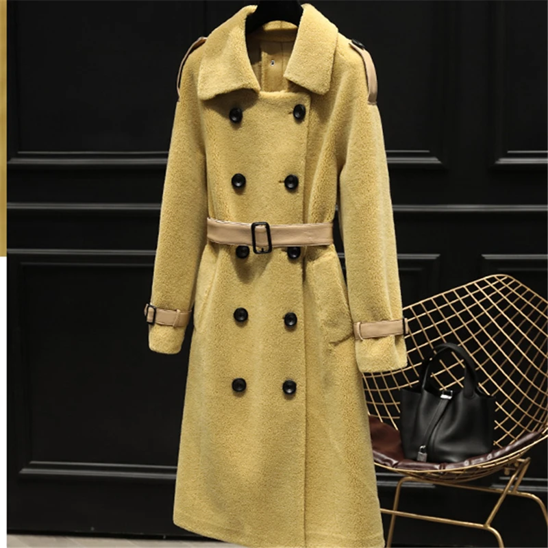 Овечья стрижка куртка Женская длинная секция Зимняя мода новая шерсть мех один длинный рукав ремень теплая шуба Tide hh0063 - Цвет: longan yellow