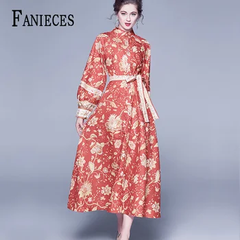 

Summer Autumn Runway Designer elegant casual Dress Women's Long Sleeve Orange Floral Printed Dresses bow vestidos robe femme