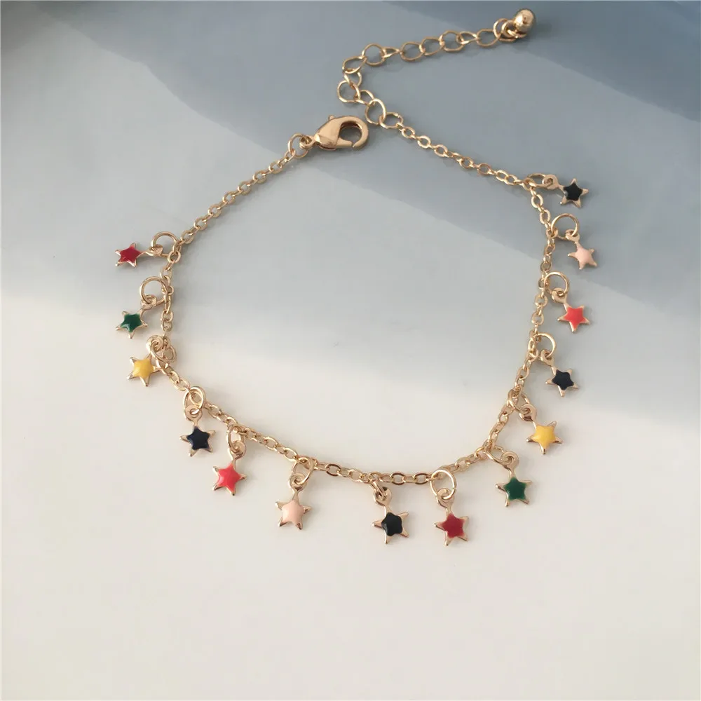 Trendy Gold Color Horn Cubic Bead Strand Natural Sea Shell Drop Layered Cord Chain Colorful Star Tassel Anklet Or Bracelet - Окраска металла: B19952