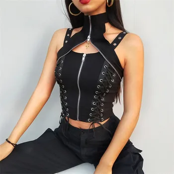 

NCLAGEN Sleeveless Zipper Choker Halter Gothic Black Tank Bandage Fitness Crop Top Punk Camis Women Bodycon Strap Clubwear Tops