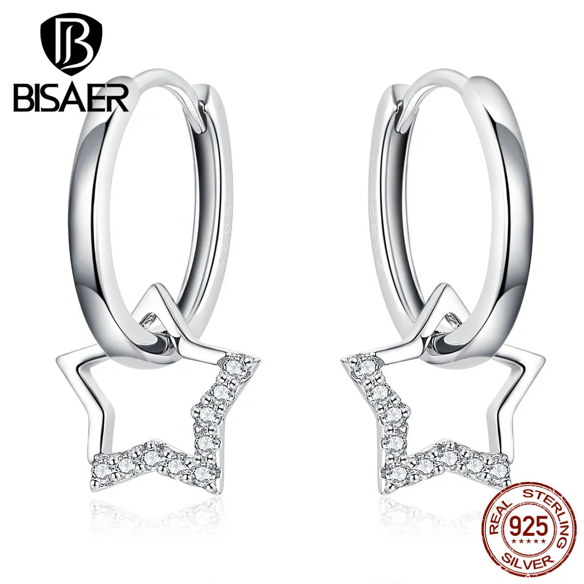 Star Earrings BISAER Hot Sale 925 Sterling Silver Luminous Zircon Star Stud Earrings for Women Silver Fine Jewelry EFE276