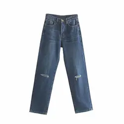 Рваные джинсы с высокой талией для женщин, синие джинсовые брюки, модные рваные джинсы бойфренда для мам, уличная одежда, длинные