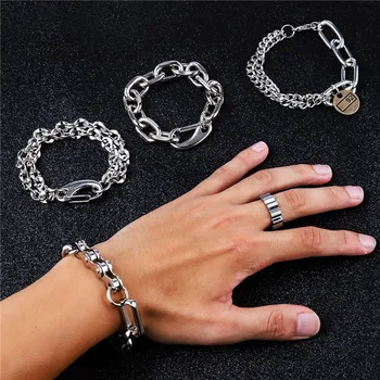 

Han Version Male Bracelet Trend Exaggerated Thick Chain Bracelet Jewelry Hip Hop Titanium Steel Domineer Steel Color Bracelet