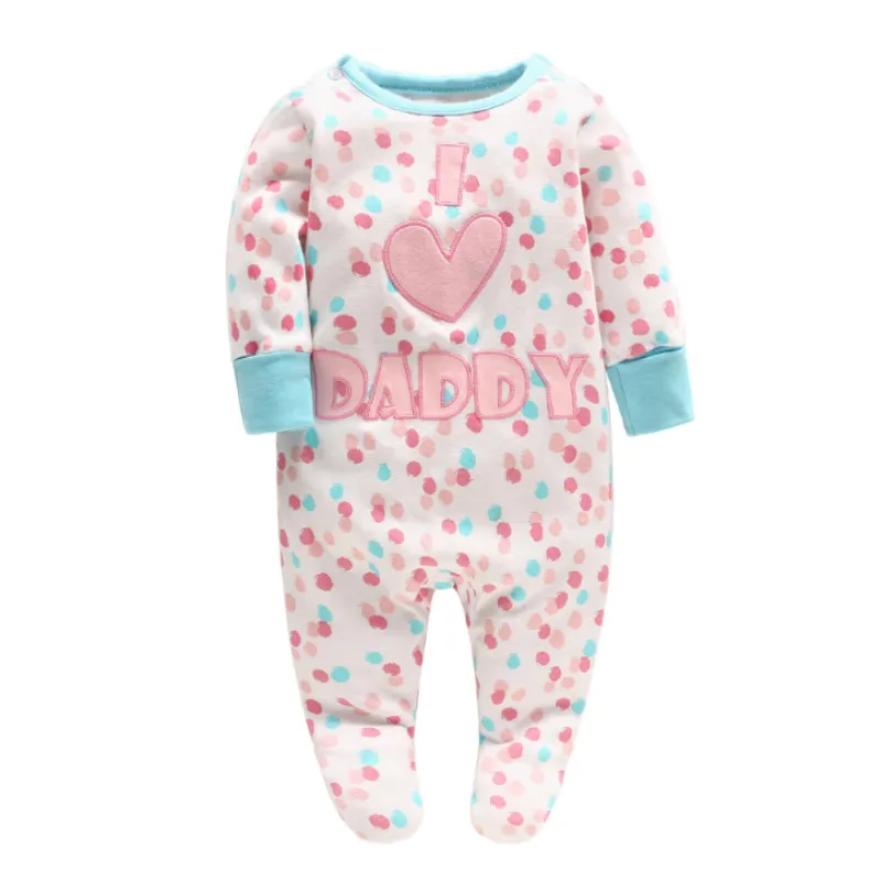

Picturesque Childhood Baby Full of Blue Circle and Pink Love Print Footies Newborn Bow Pajamas Infant Pure Cotton Clothes