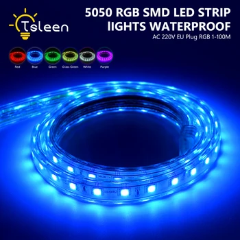 

LED Strip Light SMD 5050 Waterproof RGB Flexible Ribbon Tape AC 220V Power Supply EU Adapter 1M 5M 10M 15M