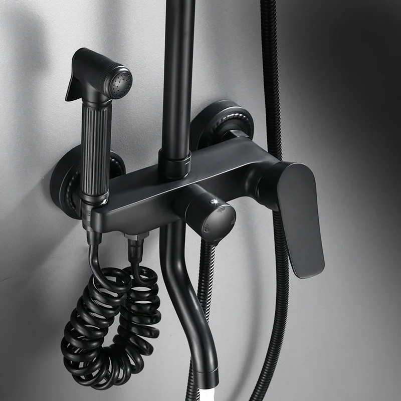 

Shower Faucet Black With Round Rain Shower Hand Head Shower Set With Shelf Bathroom