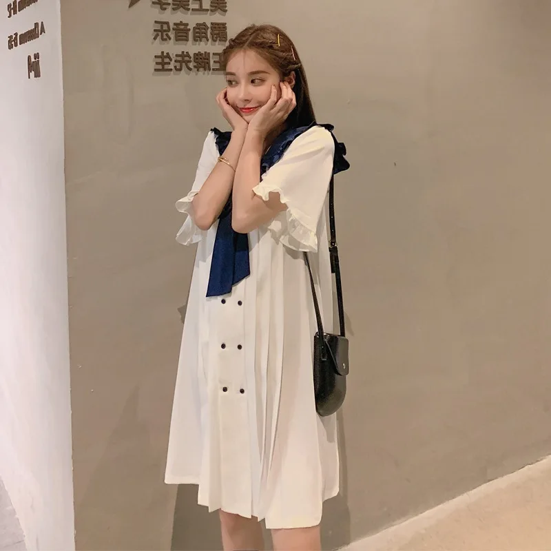 

Photo Shoot INS Sweet College Style Chiffon Mid-length Loose-Fit Mixed Colors Lace-up Navy Collar Double Breasted Egg Dress