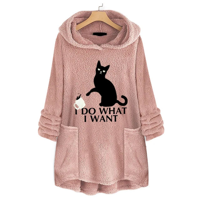 US $13.99 Fleece Warm Hoodies Women Cat Ear Print Long-sleeved Double-faced Velvet Long Irregular Kawaii Swea