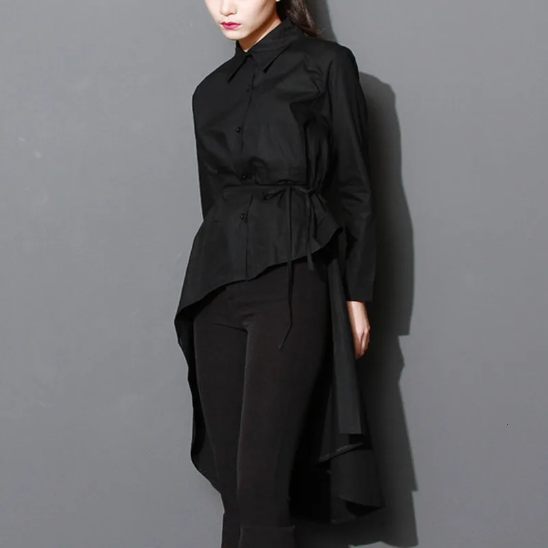 

LANMREM Long Sleeve Lapel Solid Color Irregular Crop Drawstring Pleated Dress Casual Fashion Plus Woman 2019 Autumn New TC1035