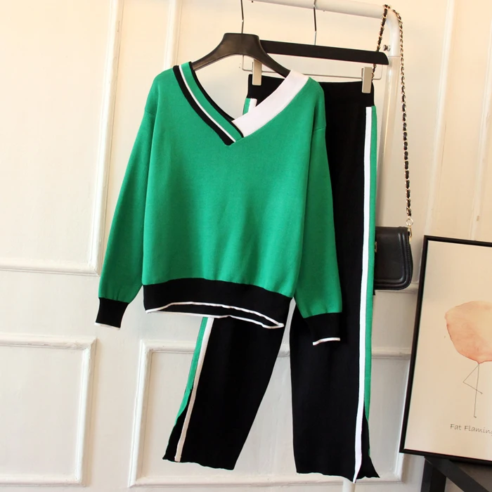 

Winter Color block Sweaters Pants Set V-neck Knitted Pullover Tops +Trousers 2PCS Pants Suits Tracksuits Clothing Set