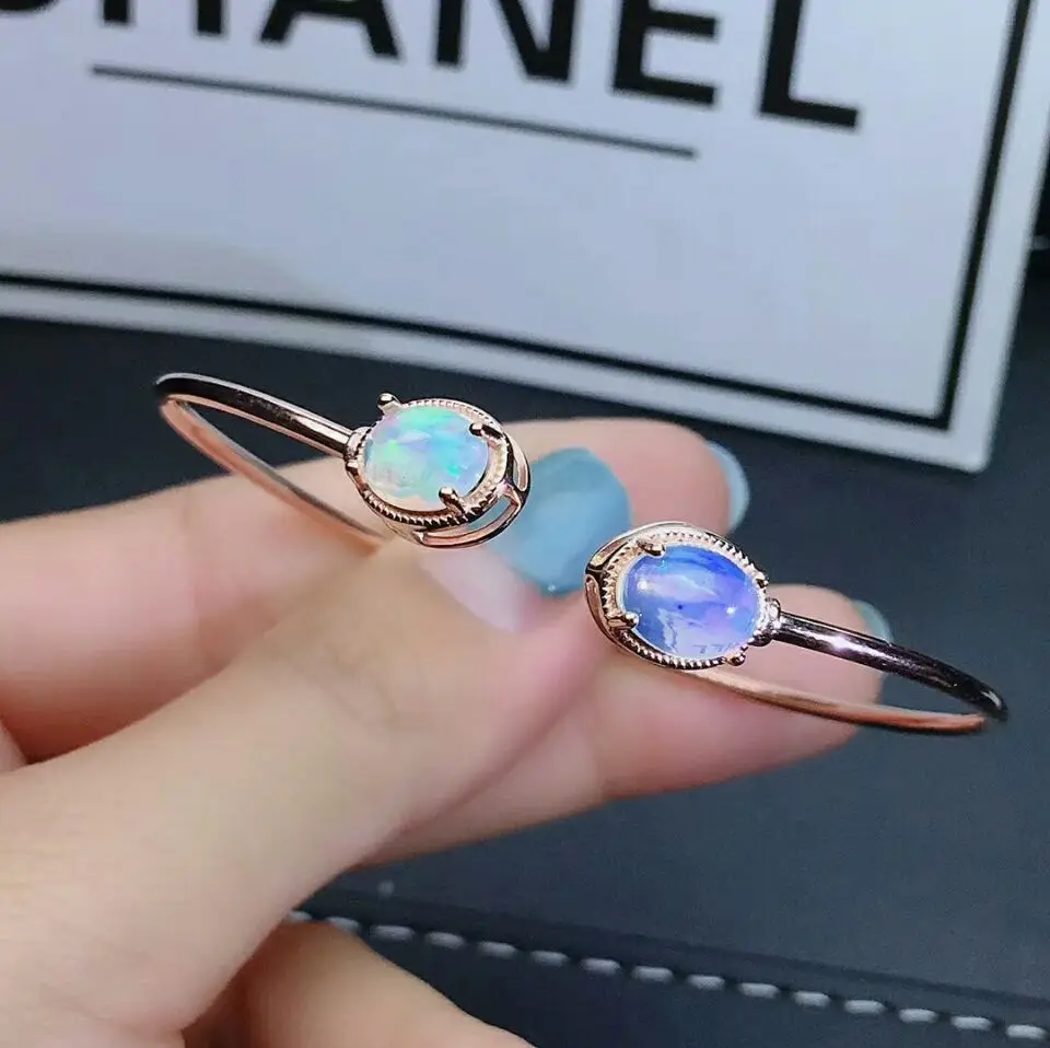 MeiBaPJ Real Natural Opal Gemstone Bracelet 925 Sterling Silver Colorful Stone Bangle for Women Fine Wedding Jewelry
