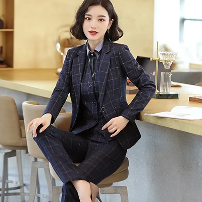 Blue Pant Suits Комплект из 3 предметов, высококачественный Женский Деловой брючный костюм, Блейзер, офисный костюм для леди, Униформа, дизайн, деловой пиджак и брюки для работы - Color: Blue Pant Suits