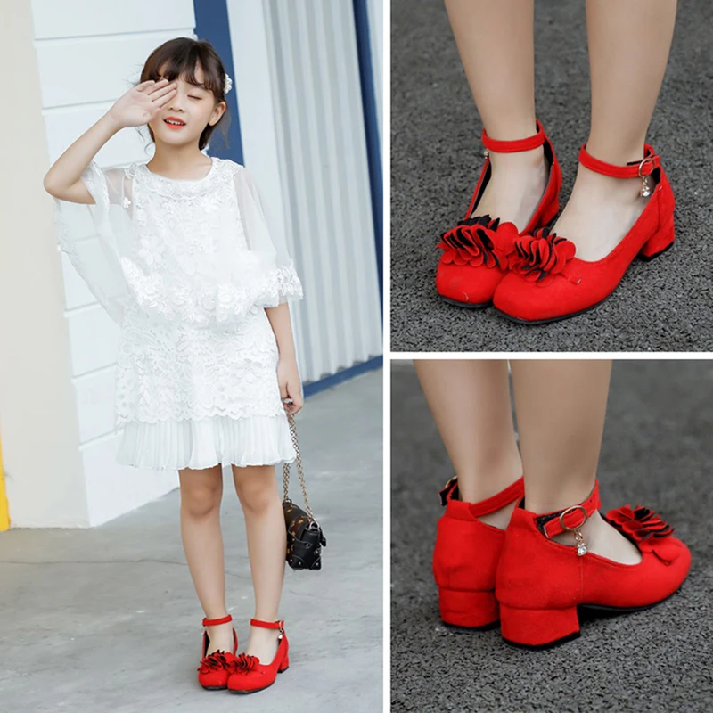 Flower Children Girls Kids Red High Heel Wedding Party Shoes For Big