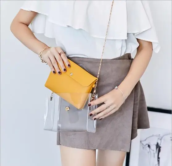 

Women transparent two Bag Fashion faux leather Cross-body Bag Casual purses and handbags Delicate Buckle Mini Square bags