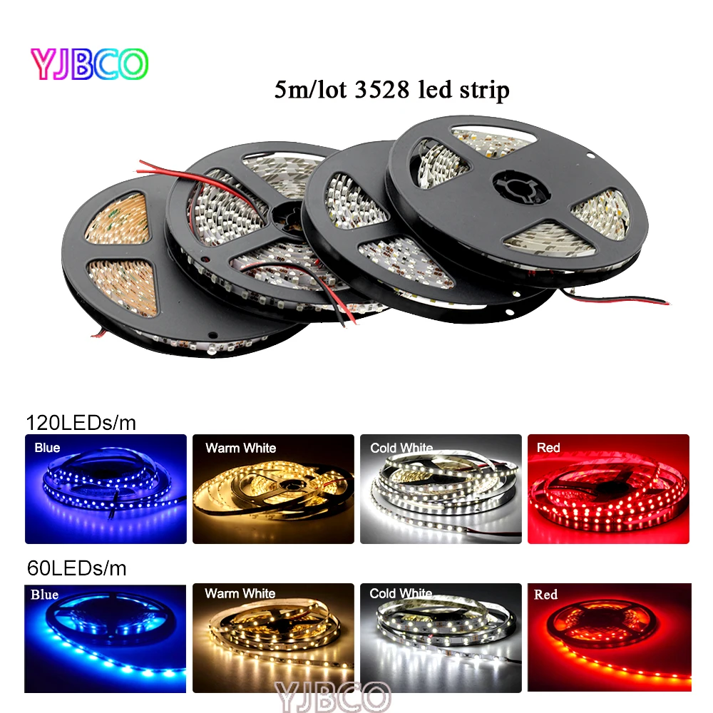 12В 5 м 3528 SMD Светодиодная лента узкая сторона 5 мм Ширина высокая яркость 60/120 светодиодов/м белый/теплый белый/синий/красный/зеленый гибкий светильник