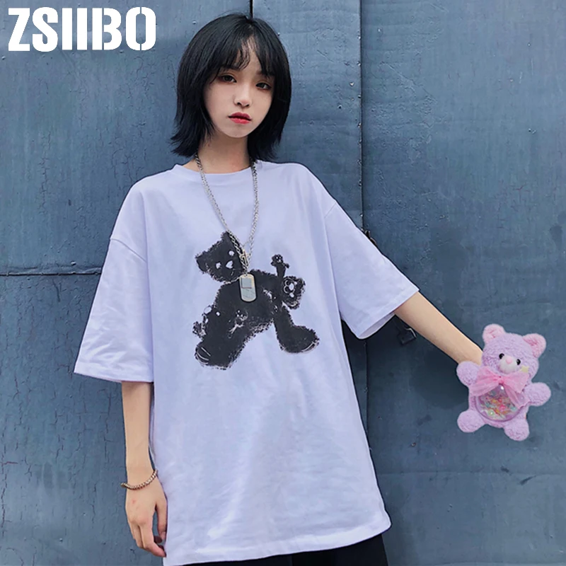 Женская футболка в готическом Ulzzang, Harajuku, футболки с милым мультяшным принтом, Летняя Повседневная Однотонная футболка с круглым вырезом и коротким рукавом