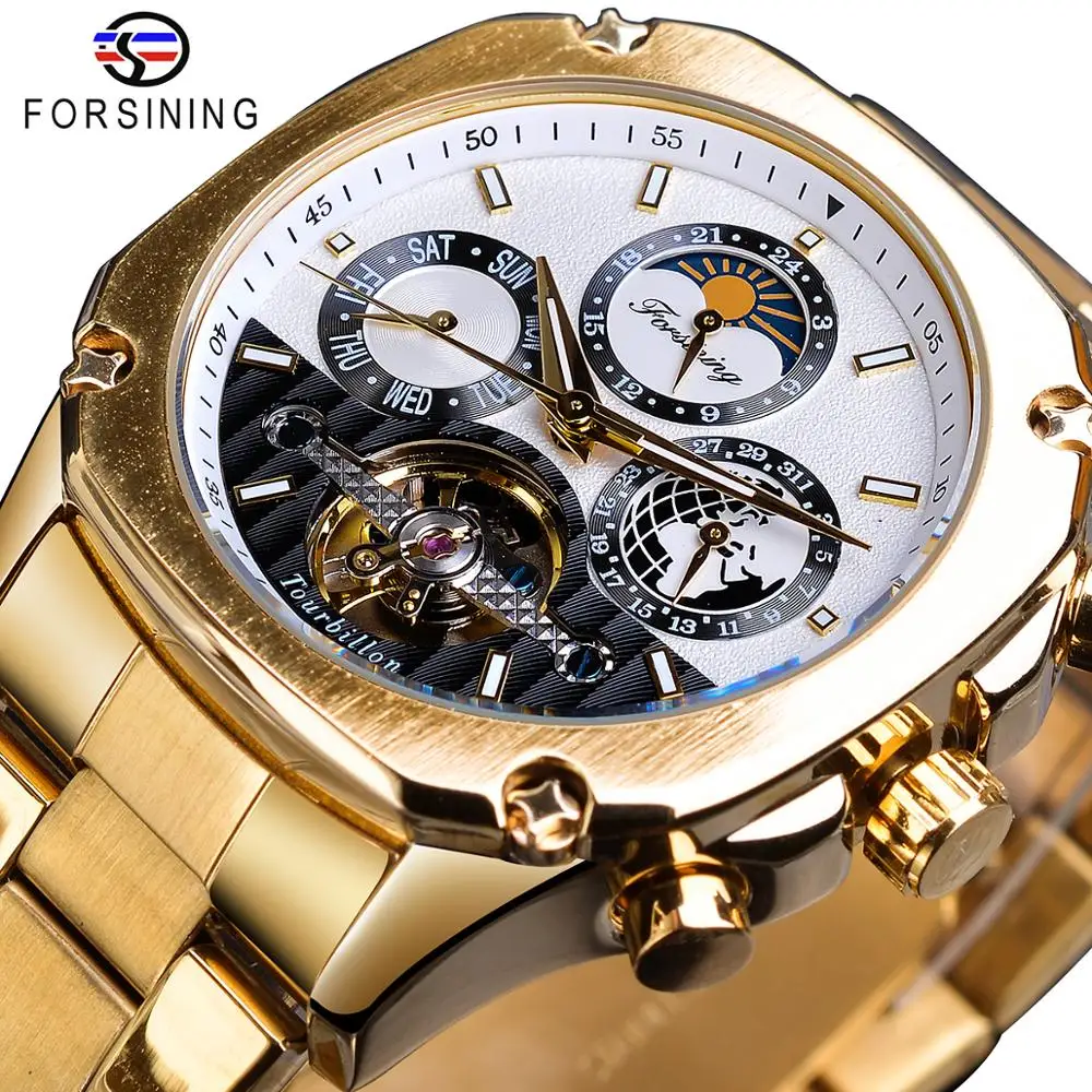 Forsining Tourbillon Moon Phase Мужские механические часы стимпанк Роскошные шестерни самообмотки золотые стальные автоматические часы наручные часы