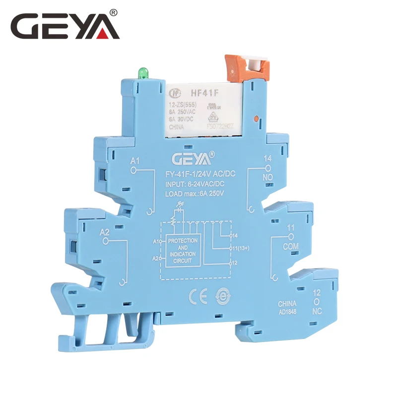 

GEYA FY-41F-1 Din Rail Slim Relay Module Protection Circuit 6A Relay 12VDC/AC or 24VDC/AC Relay Socket 6.2mm thickness