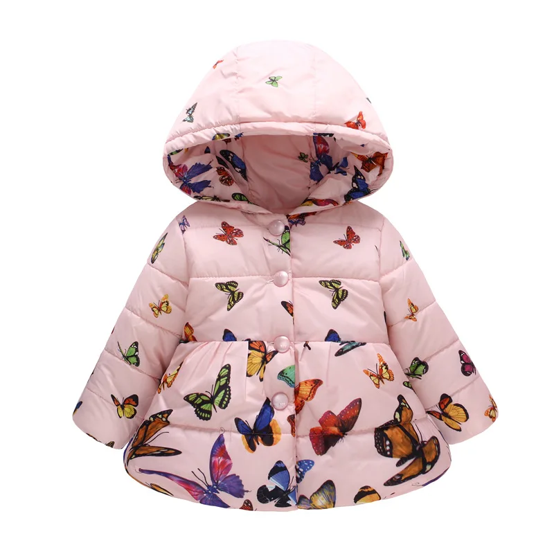 Новая зимняя пуховая куртка для маленьких девочек детская теплая хлопковая одежда с цветочным принтом хлопковая куртка с капюшоном для малышей