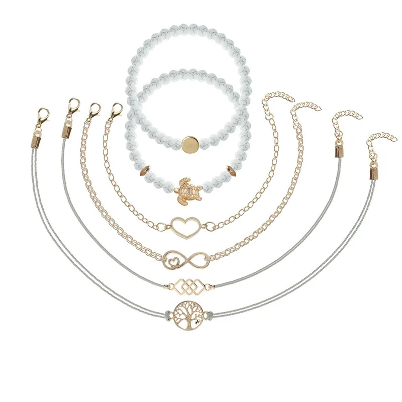 NEWBUY 6 шт./компл. браслет из натуральных бусин в стиле бохо Золотое сердце черепаха жизни Дерево 8 браслеты с кулоном в форме бесконечности для женщин Девушка