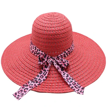 

Women Seaside Bowler Sunscreen Beach Travel Straw Hat Leopard Print Wide Brim Cap Ladies Outdoor Bowknot Ribbon Fashion Foldable