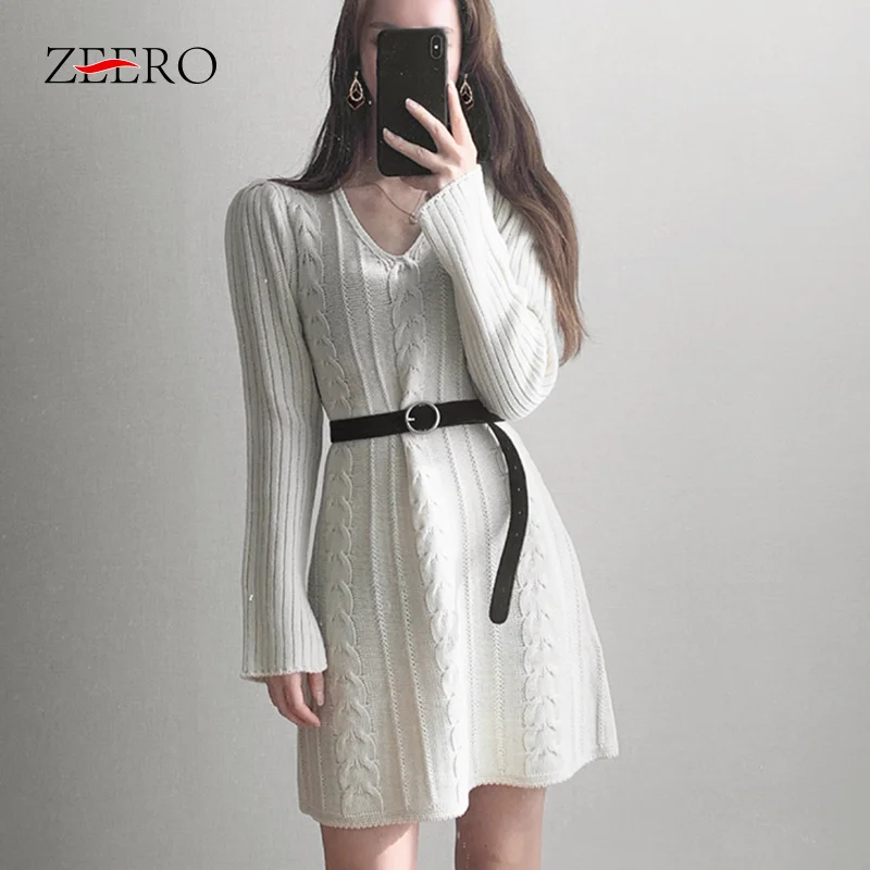 

Autumn Winter Woman Casual Slim Warm Jacquard Knit Dress Twist Weaving Vintage Long Sleeve Matching Belt Base Sweater Mini Dress