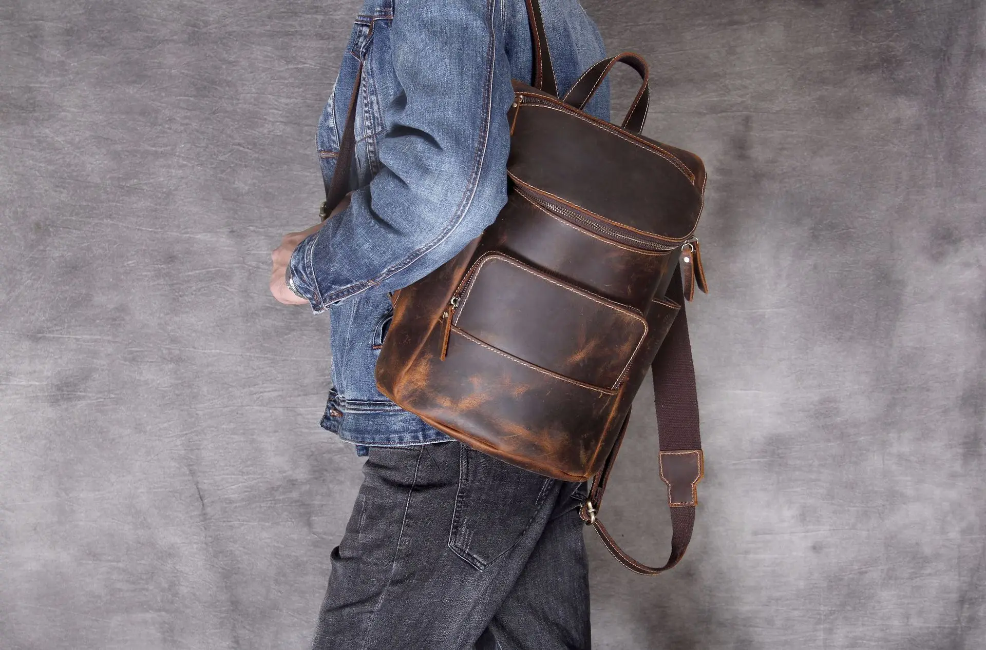 Мужской винтажный кожаный рюкзак Crazy Horse, брендовая дизайнерская Толстая воловья сумка на плечо, рюкзак ручной работы для мужчин