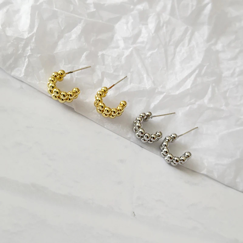 Peri'sBox 2 ряда простые золотые серьги-кольца с бусинками C Форма маленькие сережки-кольца полу округлые бусины минималистский серьги в виде колец, для Для женщин