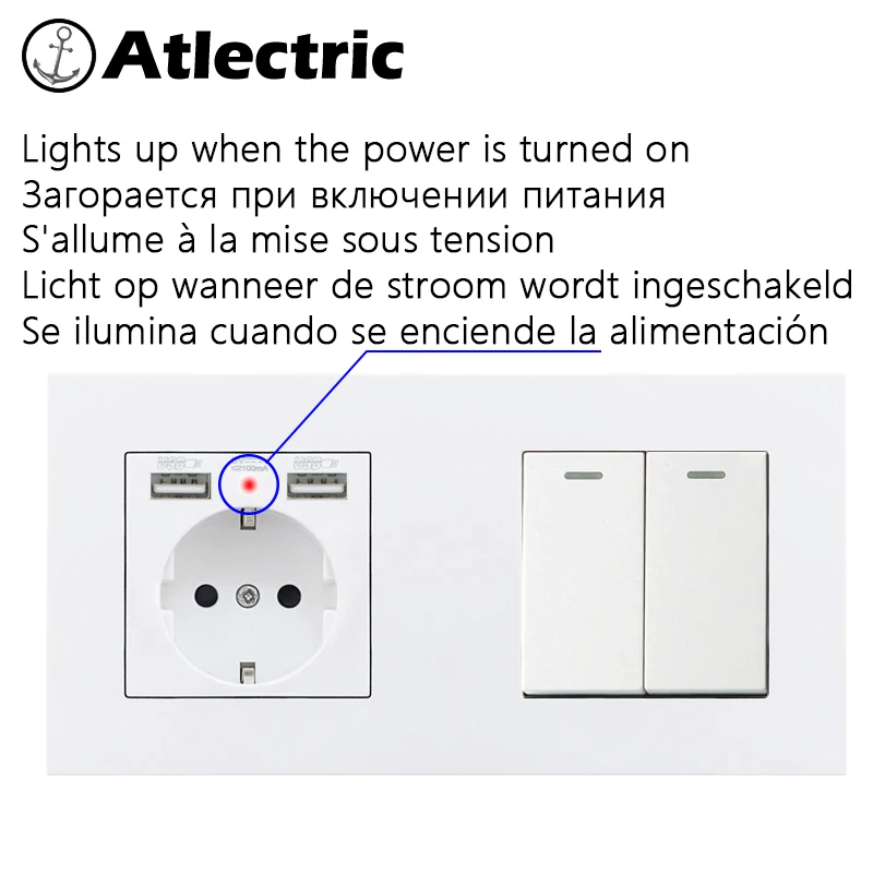 Atlectric DE EU Plug Power Socket Dual USB Port 1 2 3 4 Gang Light Button Switch Wall Socket Double Electrical Glass Outlet