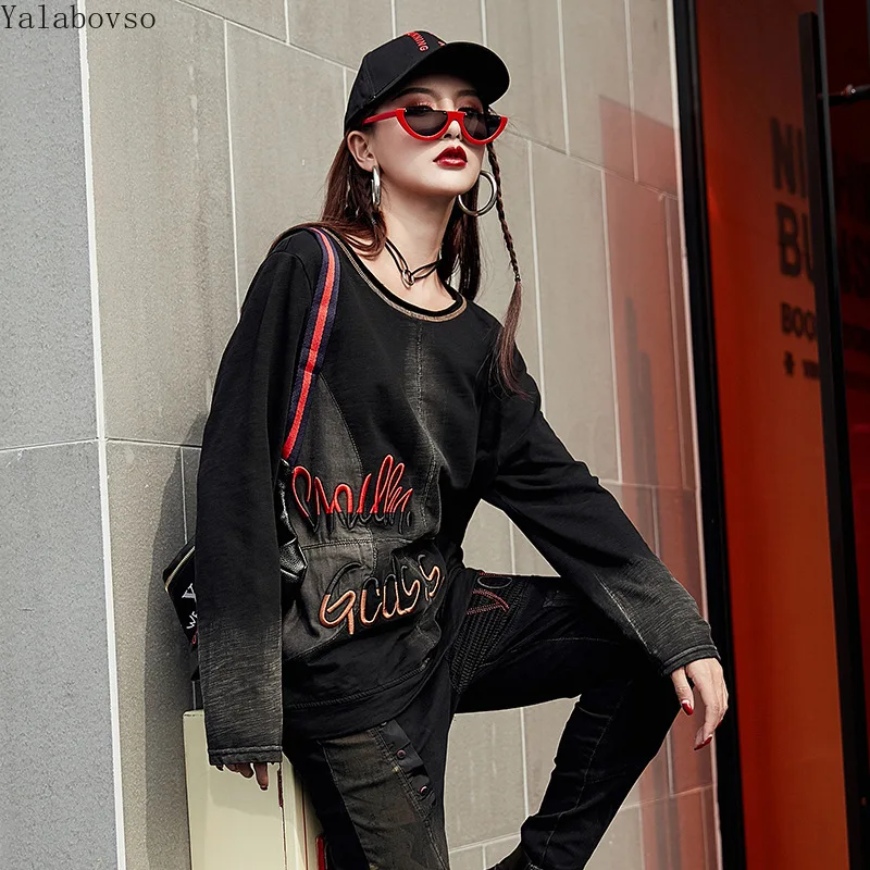 High street, градиентный топ с длинными рукавами, с вышитыми буквами, свободная футболка для женщин размера плюс, высокая уличная женская футболка A110Z4