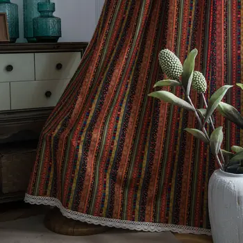 

Colorful Bohemia rustic linen curtains white lace for living room bedroom kitchen window curtain short readymade Red stripe
