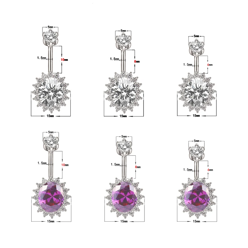 

Navel Ring Silver 925 Belly Button Piercing Sterling Women Jewelry Body Purple White Flower Zircon Geometric Ellipse Banannabar