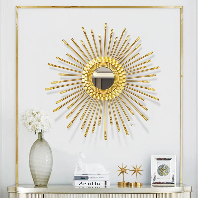 

European Wrought Iron Gold Sun Shape Decorative Mirror Wall Mural Crafts Home Livingroom Hotel Wall Hanging Decoartion Ornaments
