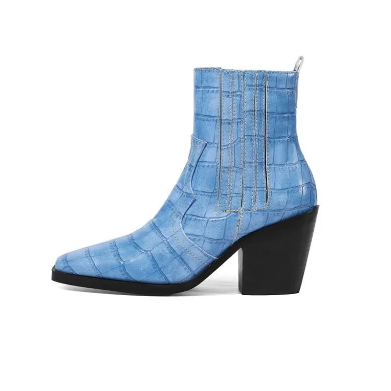 

New Fashion Western Crocodile Chunky Heels Winter Ankle Boots For Women Pointed Toe Chelsea Boots Heel Martin Boots Plus Size 43