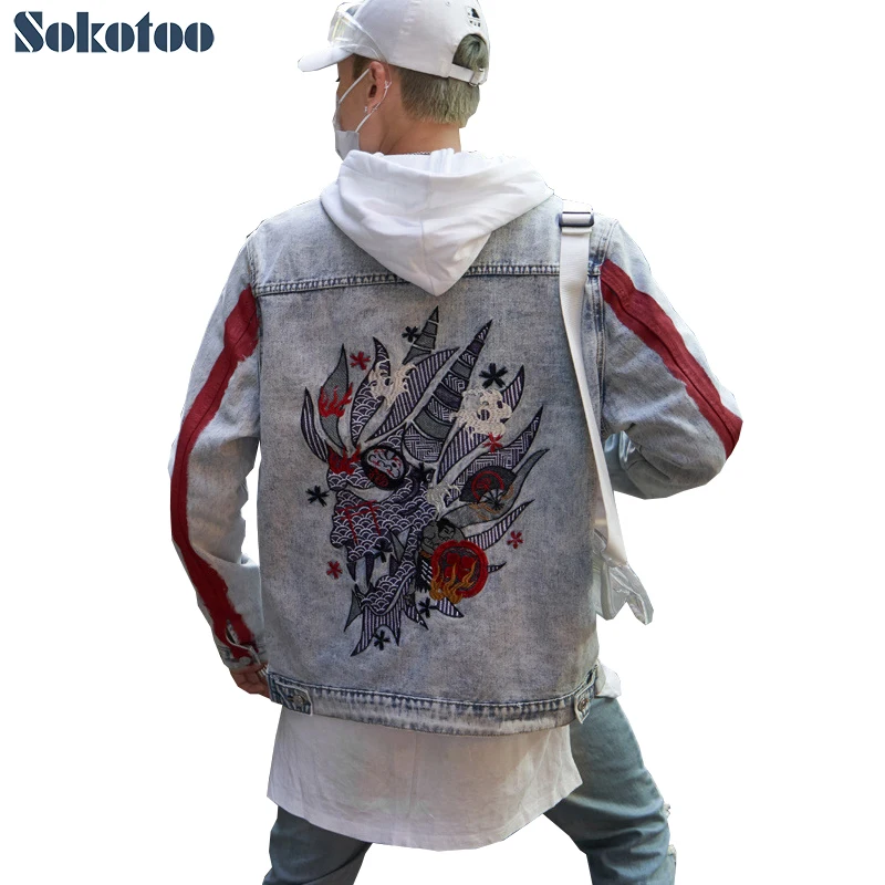 Sokotoo мужские джинсы с вышивкой куртка модный контрастный цвет со стоячим воротником джинсовый пиджак винтажная Свободная верхняя одежда в красную полоску