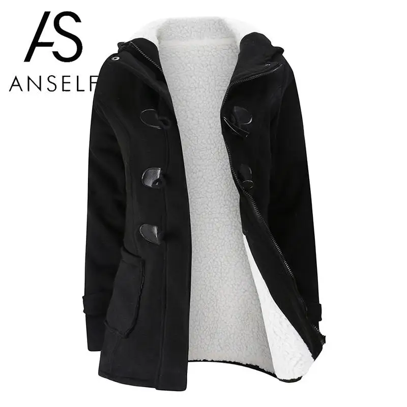 ANSELF Parka пальто женское с капюшоном Дафлкот куртка из искусственного меха Подкладка Пряжка молния спереди плюс размер теплая зимняя повседневная верхняя одежда