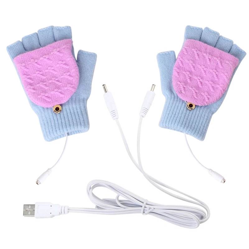 USB Heated Gloves Wool Knit Thickened Stretch Half Finger Flip Cover Foldable Mittens Warm Battery Powered Heating Unisex Gloves