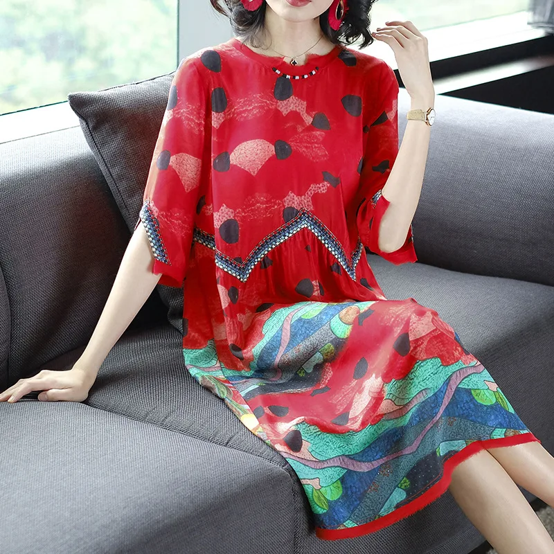 

Europe And America 2020 New Style Spring And Autumn Large Size Loose-Fit Mid-length Hangzhou Silk Mulberry Silk Silk Dress