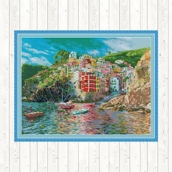 

The Seaside Town Landscape Painting 14ct DIY Needlework Sets for Embroidery Cross Stitch 11CT Counted Print on Canvas Home Decor