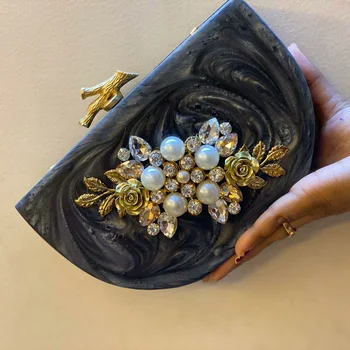 

REAL RESIN vintage rhinestone mother of pearl shoulder bag women evening party bridal wedding crystal shell clutches