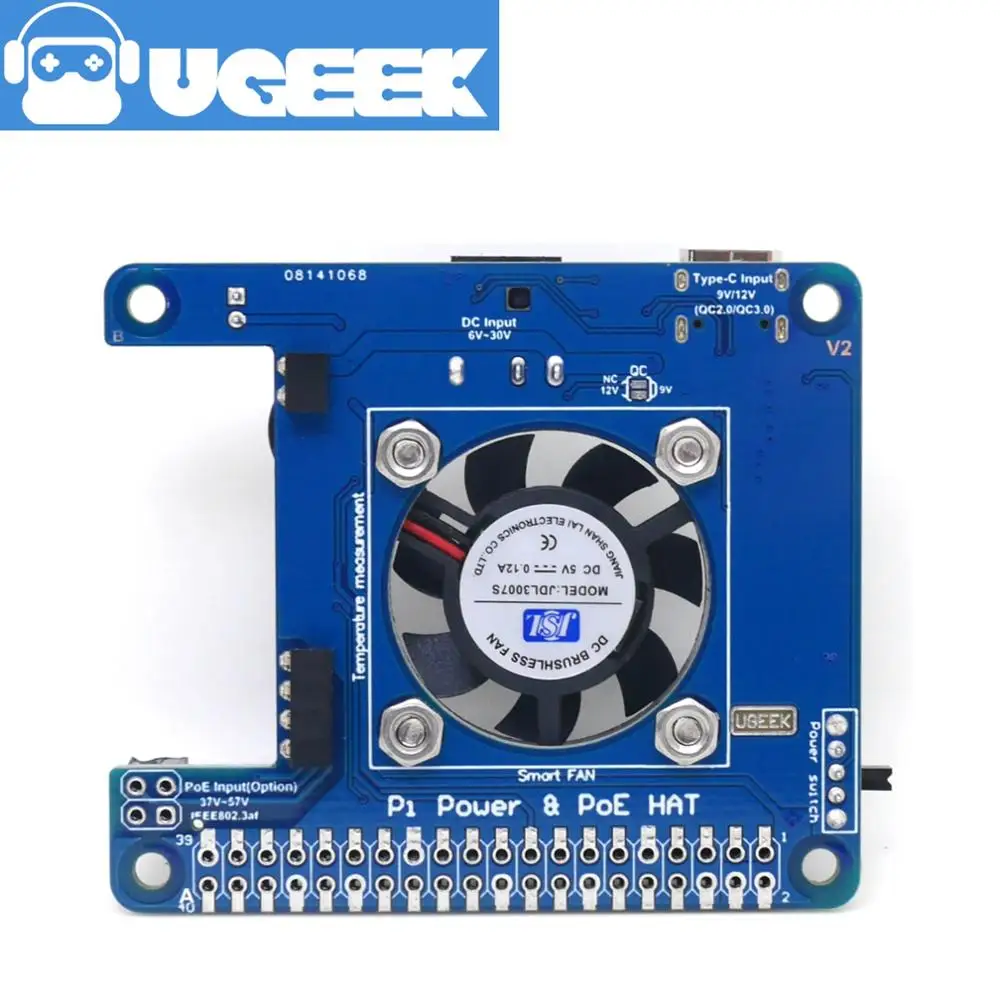 HATonlyWithoutPoE UGEEK Pi power HAT для Raspberry Pi 4 | решена ошибка питания Pi4 | POE | с интеллектуальным вентилятором контроля температуры | Вход 6 В~ 14 в | 4A outmax - Цвет: HATonlyWithoutPoE