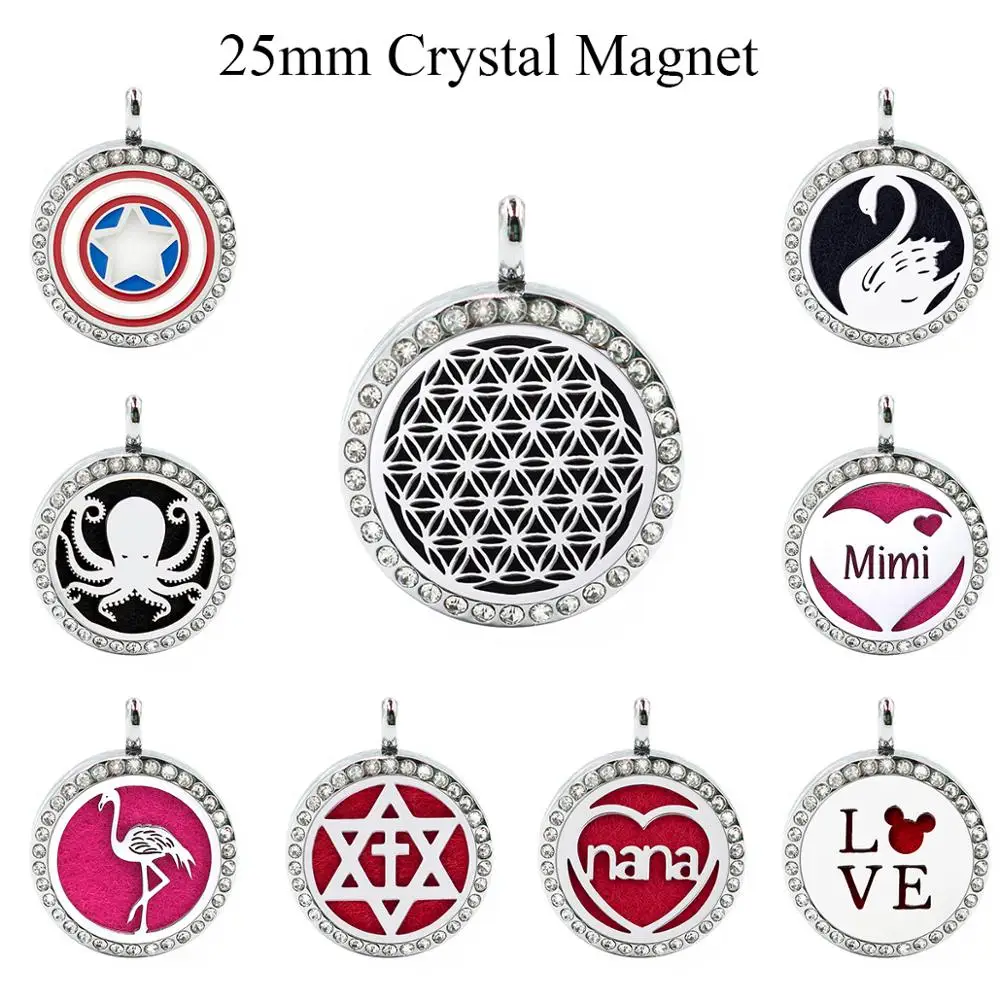 

BINSONG 25mm cystal silver/rose gold/black shield magnetic with 5 pcs felt pads essential perfume oil locket pendant necklace