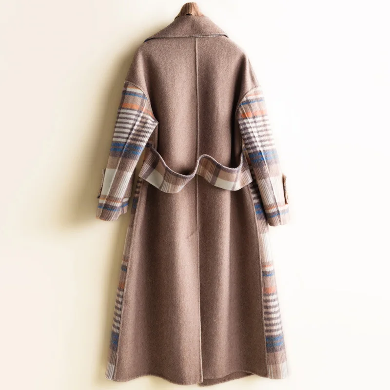Брендовое двухстороннее кашемировое пальто, шерстяное зимнее длинное женское пальто, винтажная Клетчатая Шерстяная Женская куртка, элегантная женская куртка, Новинка
