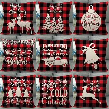 

1Pcs Christmas Deer Black Red Plaid Alphabet Pattern Cotton Linen Throw Cushion Cover Home Sofa Bed Decorative Pillowcase 40673