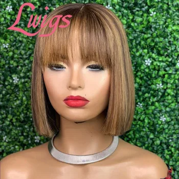 

Cheap Short Bob Ombre Highlight Blonde Lace Closure Wig With Bangs 4X4 Natural Black Lace Closure Human Hair Wigs With Bangs