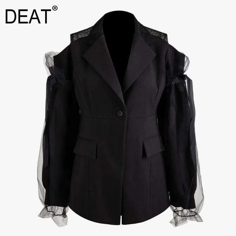 

DEAT 2019 NEW turn-down collar lantern sleeves mesh patchwork single breasted single blazer two pieces WJ53201L