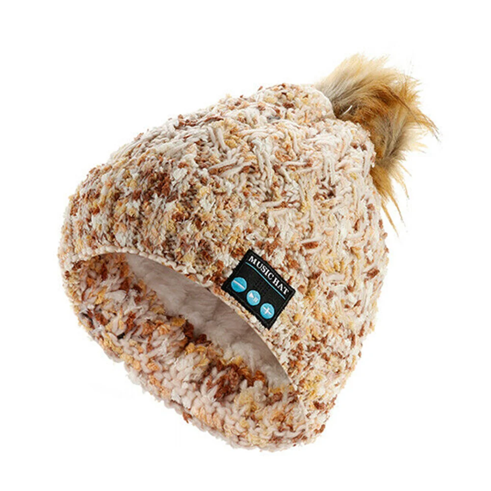 Вязаная Шапка-бини Беспроводная стерео Bluetooth Музыка уличные шляпы наушники Спикер зима взрослые Шапка-бини теплая плюшевая - Цвет: Бежевый