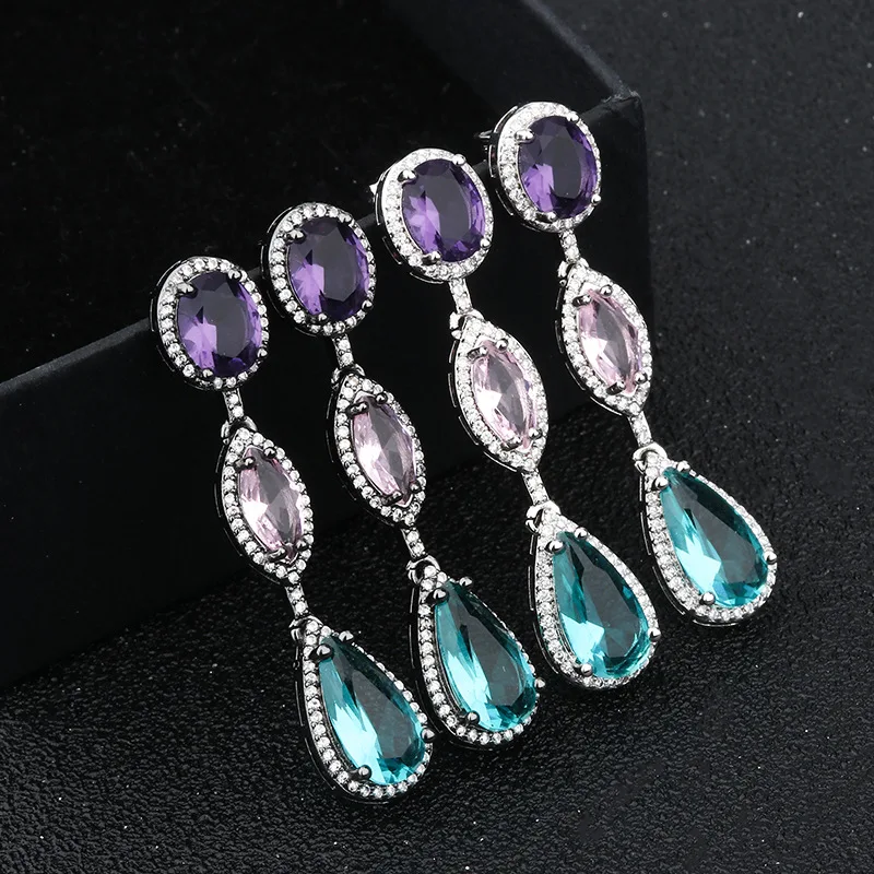 OMYFUN Luxury Crystal Long Drop Earrings For Women Korean Brazil Dangle Earrings Wedding Party Earing Fashion Jewelry Brinco E72