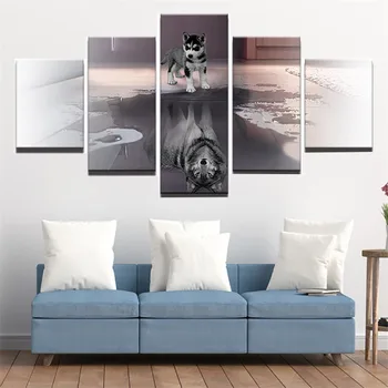 

5 Panel Printed Wall Art Husky Dream Painting Canvas Animal Dog Home Decor Modular Pictures For Living Room Poster Framework